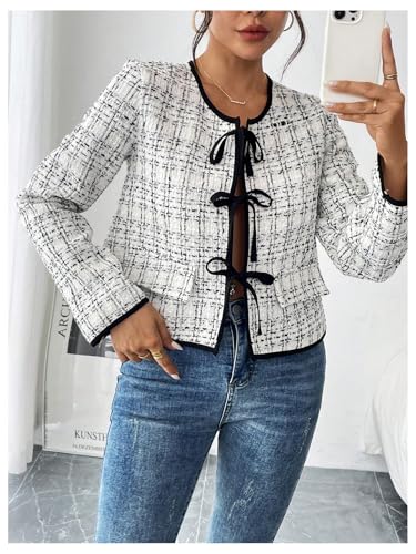 MakeMeChic Women's Graphic Print Bow Front Jacket Long Sleeve Crop Jackets Outerwear3