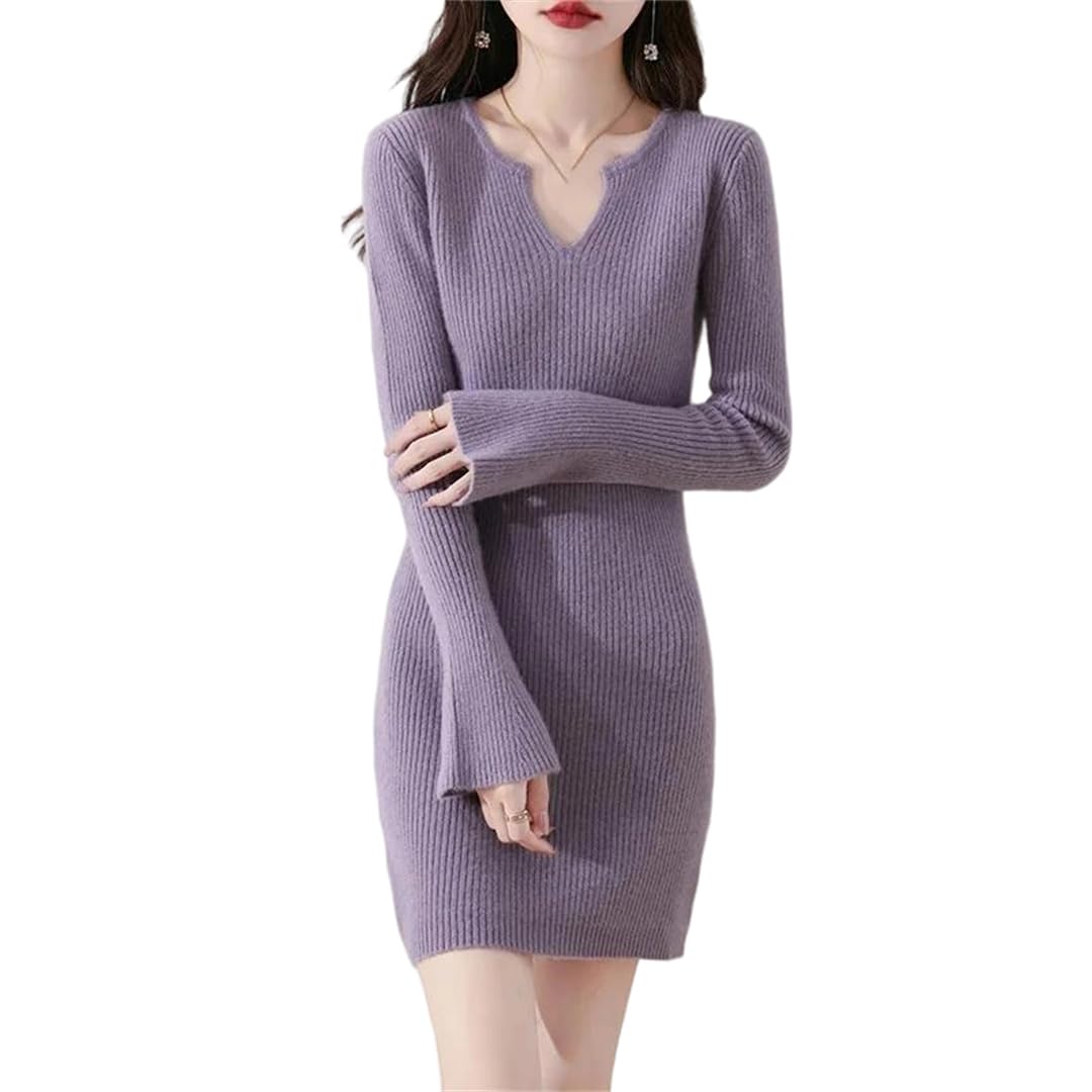 Abito da donna in lana lavorato a maglia autunno inverno midi manica svasata caldo maglione fondoschio-S