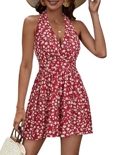 HUHOT Rompers for Women Casual Halter V Neck Backless Summer Sexy Beach Dressy 2025 Short Romper Dresses with Pockets