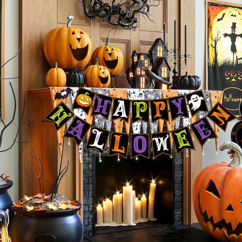 Image of OHOME Halloween Decorations - Happy Halloween Banner | HALLOWEEN Party Decorations for Indoor Outdoor - Trunk or Treat Backdrop Garland for Outside | Hanging Party Favors Supplies for Birthday