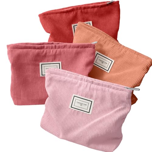 Sanwuta 4 Pcs Velvet Corduroy Makeup Bag, 10x7x2'', Red Series
