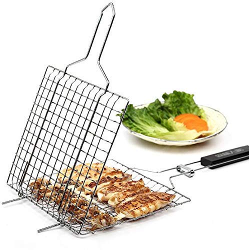 Ngel Chromium Plated Barbecue BBQ Grill Net Basket for Fish, Vegetables, Steak, Shrimp, Chops and Other Food with Wooden Handle