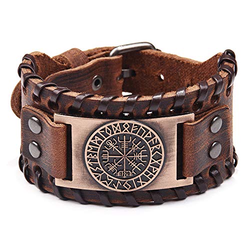 HLARK Pulsera Vikinga con Patrón Vegvisir - Pulsera Vikingo de Piel para...