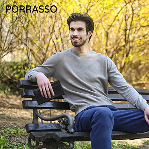 PORRASSO Leather Wallet Men's Clutch Bag Card Holder Cell Phone Purse Long Wallet with 11 Card Slots Black2