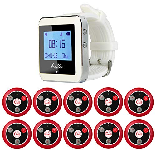 Taidacent Wireless Pager Calling System Restaurant Guest Paging System Wrist Watch Receiver and Call Button Transmitter 433Mhz (1 Wrist Watch Pager +10 Call Buttons)
