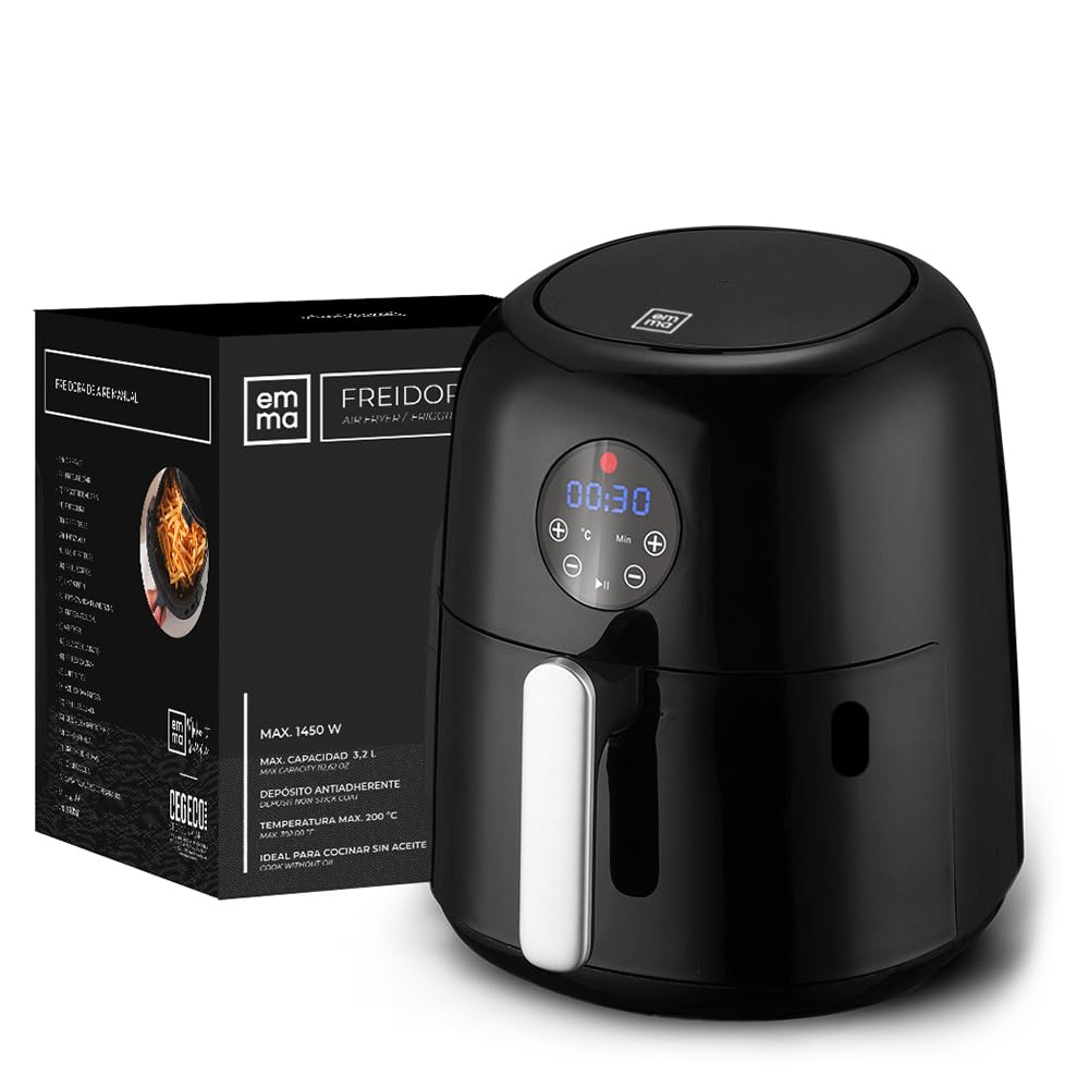 EMMA, Freidora de Aire, 3.2 L, Antiadherente, 1450W, 29x28,5x34 cm, Negro, Cocina Saludable sin Aceite, Cesta Antiadherente, Temperatura Ajustable, Ideal para Hogar y Familia