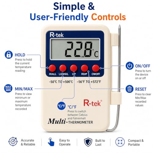 Image of R-TEK Multipurpose Digital Multi Stem Thermometer with External Sensing Probe(Aquarium, Fridge, Machines)