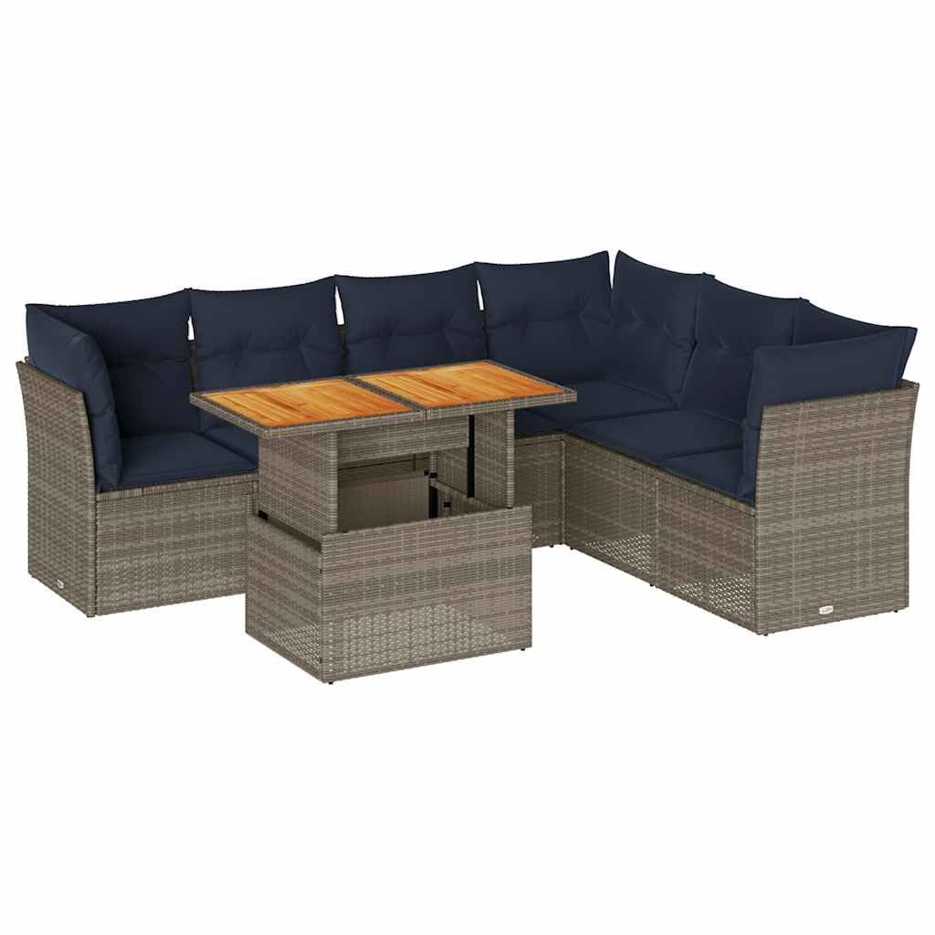 Set Divani da Giardino 7 pz in Rattan PE Grigio | Salotto da esterno componibile con tavolo regolabile e cuscini blu per momenti di relax in terrazzo o giardino.