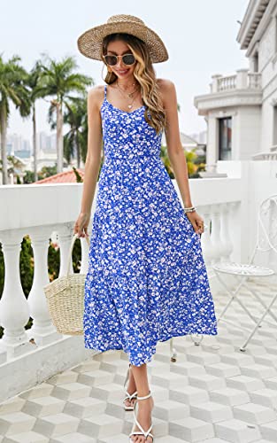 Image of Angashion Women's Dresses Floral Adjustable Spaghetti Strap V Neck Boho Long Maxi Dress Summer Beach Flowy Ethnic Sundress