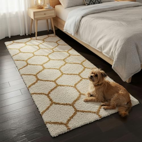 Image of Carpet for Hallway, Kitchen, and Modern Interiors, Cozy Shag Runner for Living Room, Entryway & Office Decor Size 4x6 feet Ivory Gold