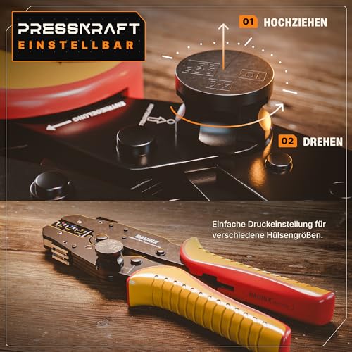 BAURIX® Crimpzange mit 6 Wechselbacken – All-In-One Elektriker Werkzeug für Kabelschuhe, Flachsteckhülsen, Aderendhülsen & weitere Verbinder – zuverlässige Elektroinstallation – HEKTOR PRO