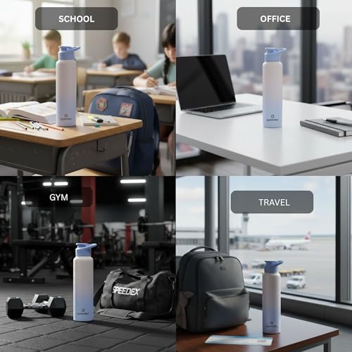 Image of Speedex Stainless Steel Water Bottle 1 Ltr, Leak Proof Sipper Cap, BIS Approved 1000 ml Metal Bottle For Daily, Office, School, Gym, Travel Use for Men, Women, Kids, Adults, Pink Blue, Set of 4