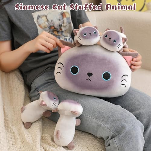 Image of TOYSYM Siamese Cat Plush Cute Siamese Cat Stuffed Animal Pillow with 4 Baby Plushies in Her Tummy, Soft Cotton Stuffed Animals Toy Gifts for Kids