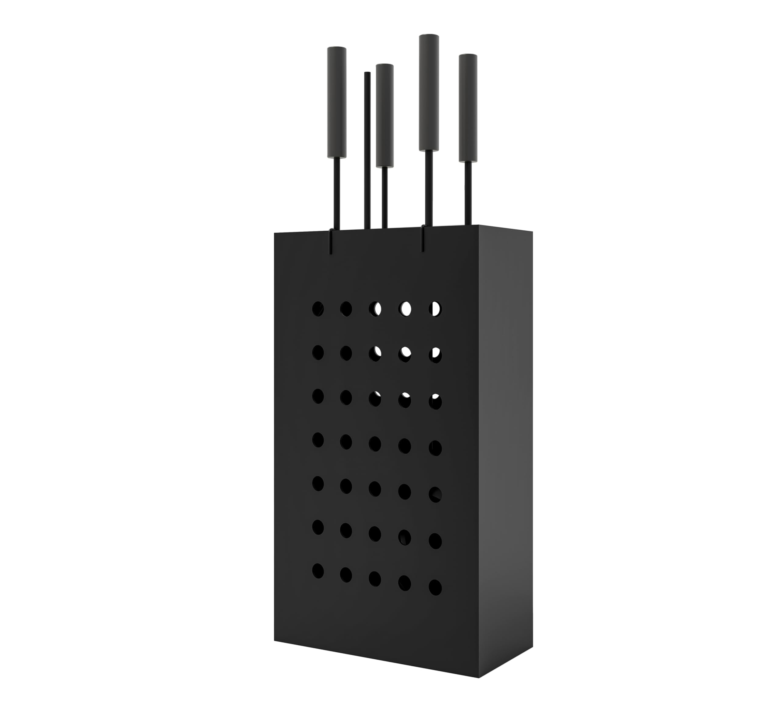 Kingson Ensemble de cheminée en fer noir avec seau à cendres rectangulaire – 4 outils de suspension (tisonnier, brosse, pelle, pince) – Ensemble d'outils de cheminée compact pour poêle à bois
