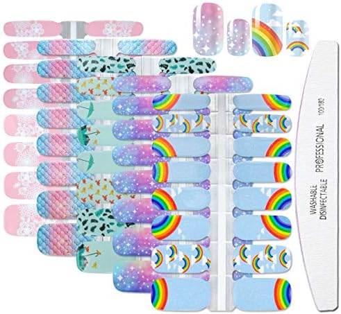 WOKOTO 5 Sheets Self-Adhesive Nail Art Polish Stickers Tips with 1Pc Nail File Unicorn Nail Wraps Decals Strips Set Manicure Accessories