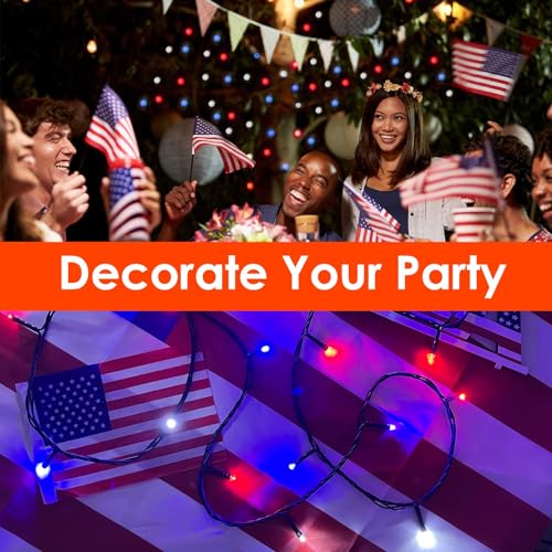 Yiqu JT-EL/FC300V0200-C 4Th Of July Decorations 200 Led String Lights Outdoor/Indoor, Red White And Blue Lights Extendable Green Wire Waterproof Fairy String Lights For Independence Day Memorial Day Garden Yard Decorations thumb #1