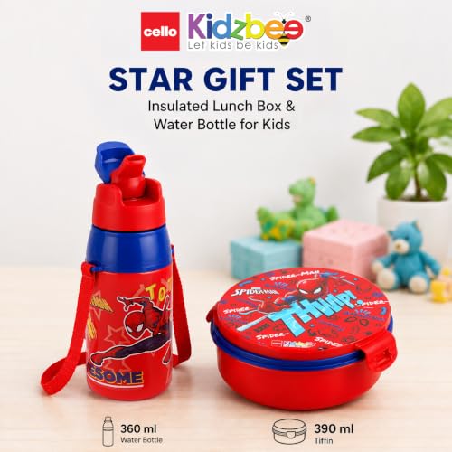 Image of CELLO Kidzbee Star Gift Set Combo for School Kids, Red | 3D Touch & Feel Spiderman Design Airtight Clip Lock Insulated Lunch Box 390ml with Leak Proof Flip Top Sipper Water Bottle for Kids Boys Girls