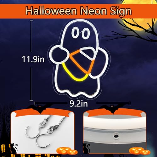 Image of Halloween Neon Sign Dimmable Candy Corn Neon Sign for Wall Decor Ghost Neon Window Light Sign Led Halloween Candy Corn Ghost Decoration for Indoor, Bedroom, Kids Room, Halloween Party, white