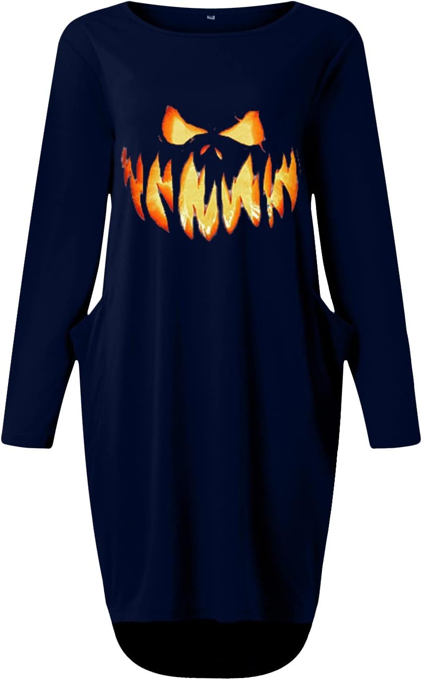 Women's Halloween Dresses 2023 Hallowmas Print Long Sleeve Tunic Dresses Pockets Plus Size T-Shirt Dress, S-5XL
