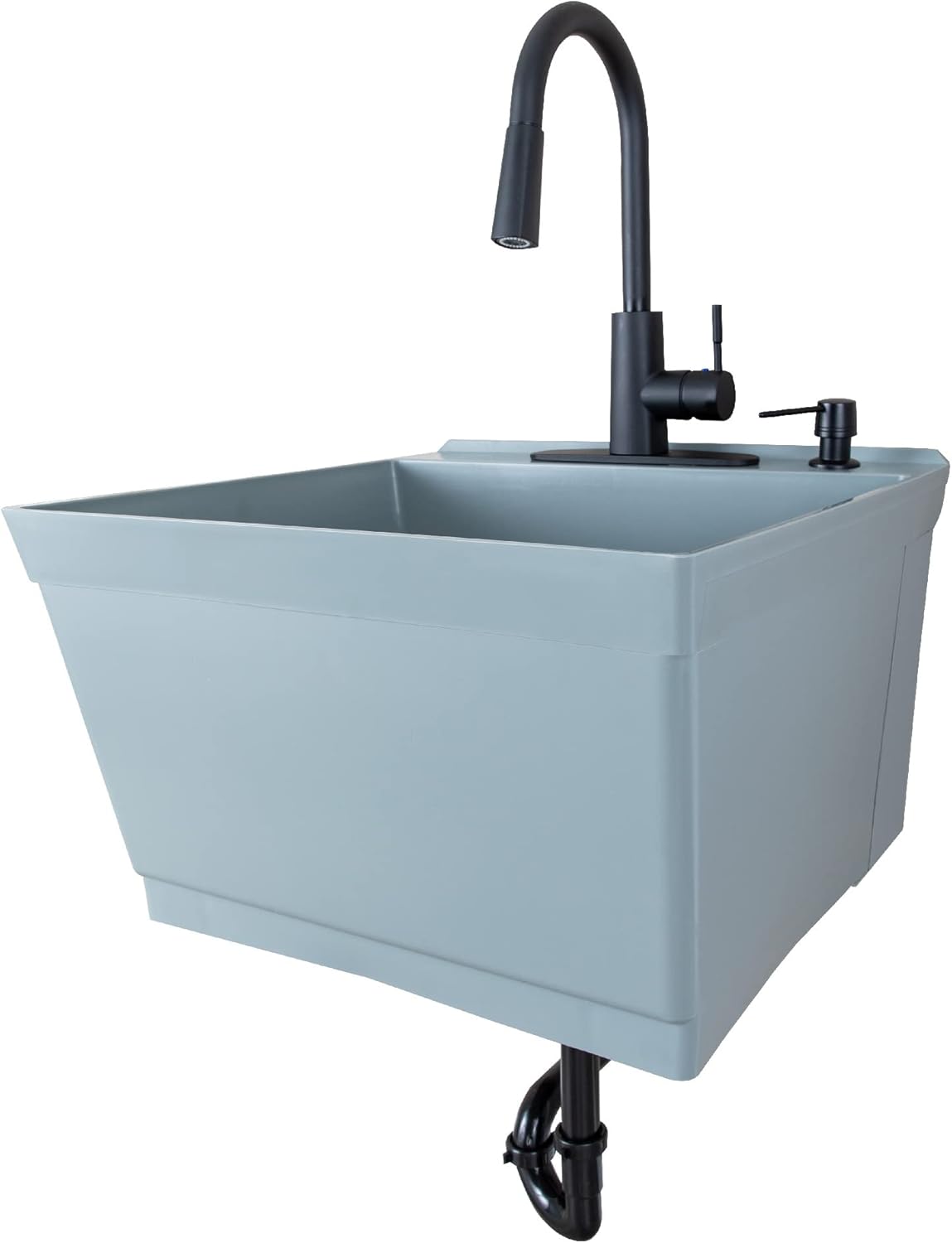 JS Jackson Supplies Tehila Grey Wall-Mounted Utility Sink Tub Kit with Black Pull-Down Faucet, Wall-Mounted Utility Tub with Wall Bracket for Laundry Room, Garage, Workshop