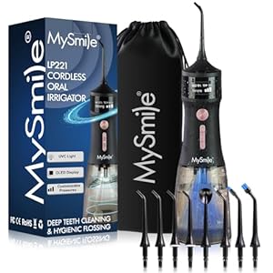 MySmile Powerful Cordless 350ML Water Flosser Portable OLED Display Dental Oral Irrigator with 5 Pressure Modes 8 Replaceable Jet Tips and Storage Bag for Home Travel Use (Midnight Black)