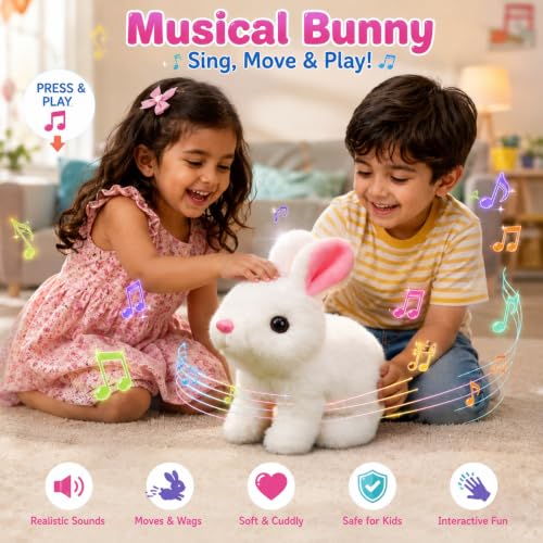 Image of Musical Rabbit Plush Toy for Kids | Soft Stuffed Bunny with Music | Cute White Rabbit Teddy for Boys & Girls | Baby Soft Toy | Birthday Gift for Toddlers, Infants & Children