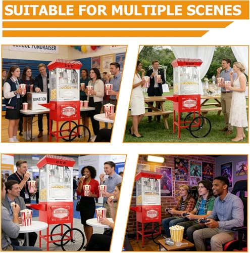 Image of Commercial Popcorn Machine with Cart & Wheels - 12 Oz Stainless Steel Kettle Makes 48 Cups, Portable Retro Cart for School, Church, Party, Carnival, Movie Theater, Concession & Home Use (Red)