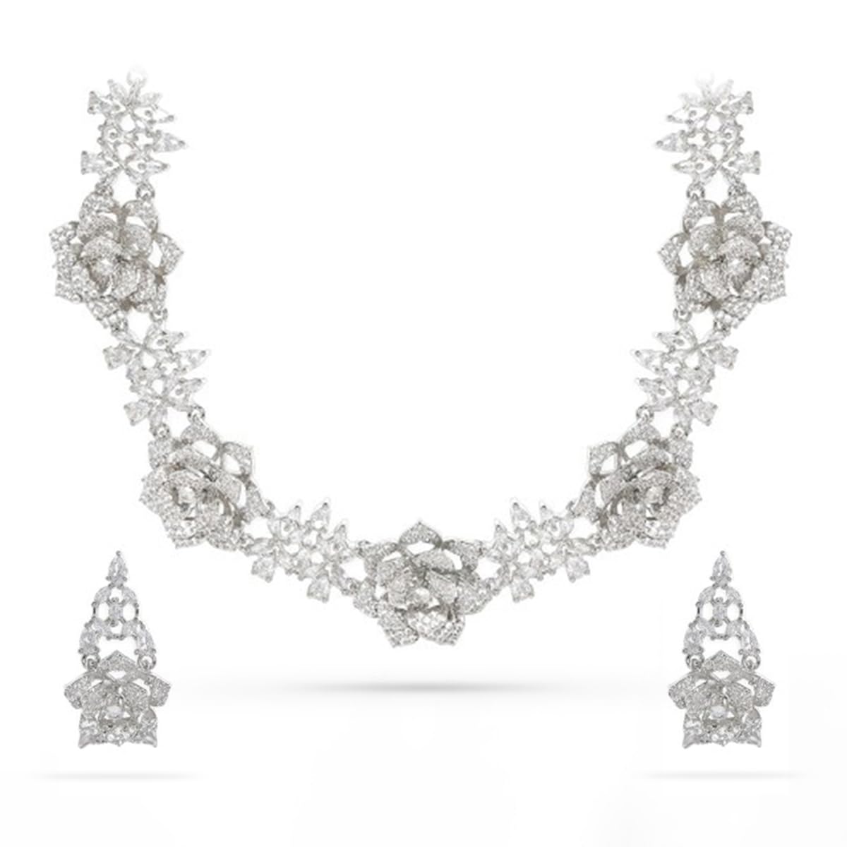rubans Rhodium-Plated White Cubic Zirconia Studded Floral Statement Necklace Set for Women Bridal-picture-44