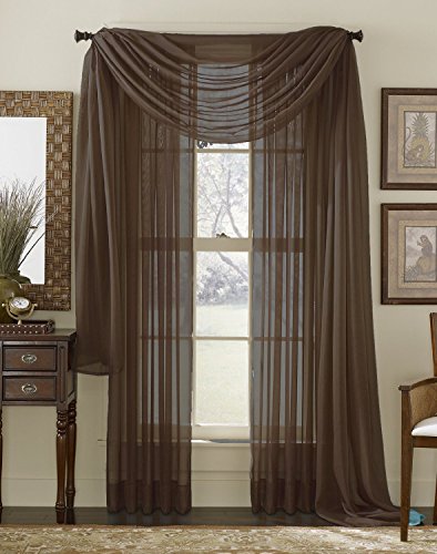 3 Piece Coffee Brown Sheer Voile Curtain Panel Set: 2 Coffee Panels and 1 Scarf
