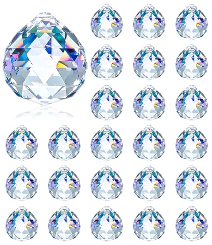 24 Stück Kristalle zum Aufhängen, 20mm Kristallkugel, Kristall Prisma aus Glas, Sonnenfänger Kristall, Hängende Kristalle Prismen für Fenster, Kronleuchter Anhänger, Geschenk, Weihnachten, Clear