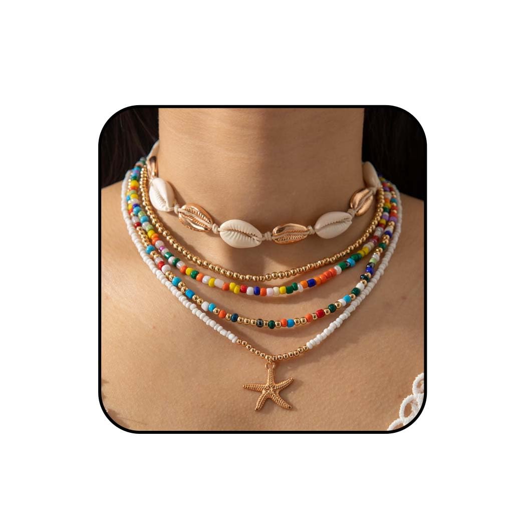 ReakyBoho Beads Necklaces Gold Shell Necklace Layered Starfish Necklaces Summer Beach Accessories for Women