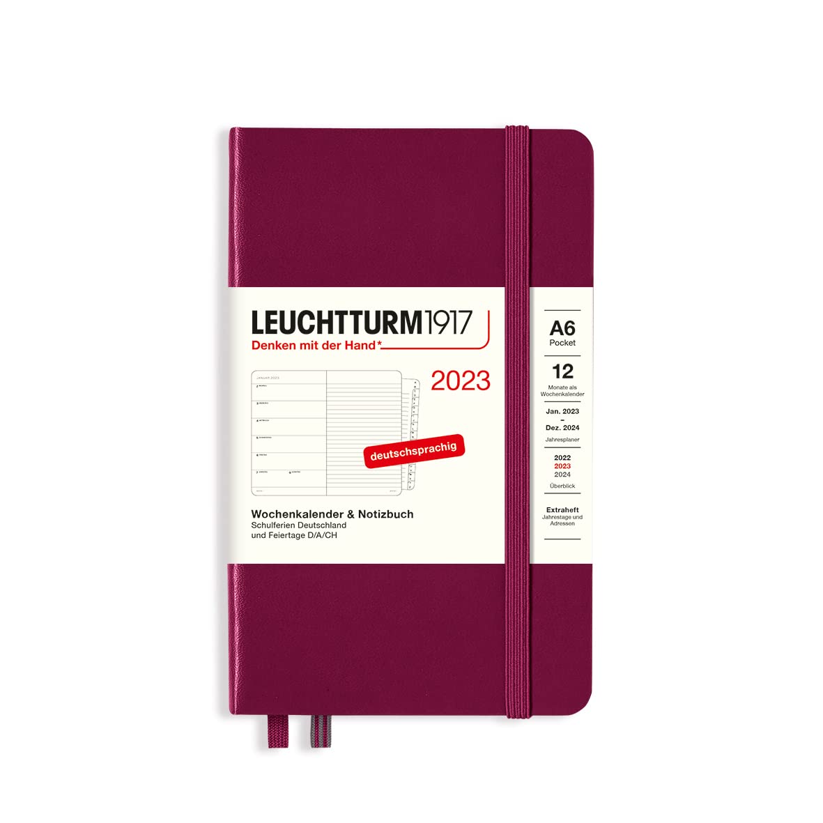 LEUCHTTURM1917 365681 Weekly Calendar & Notebook Pocket (A6) 2023, 12 Months, Port Red, German