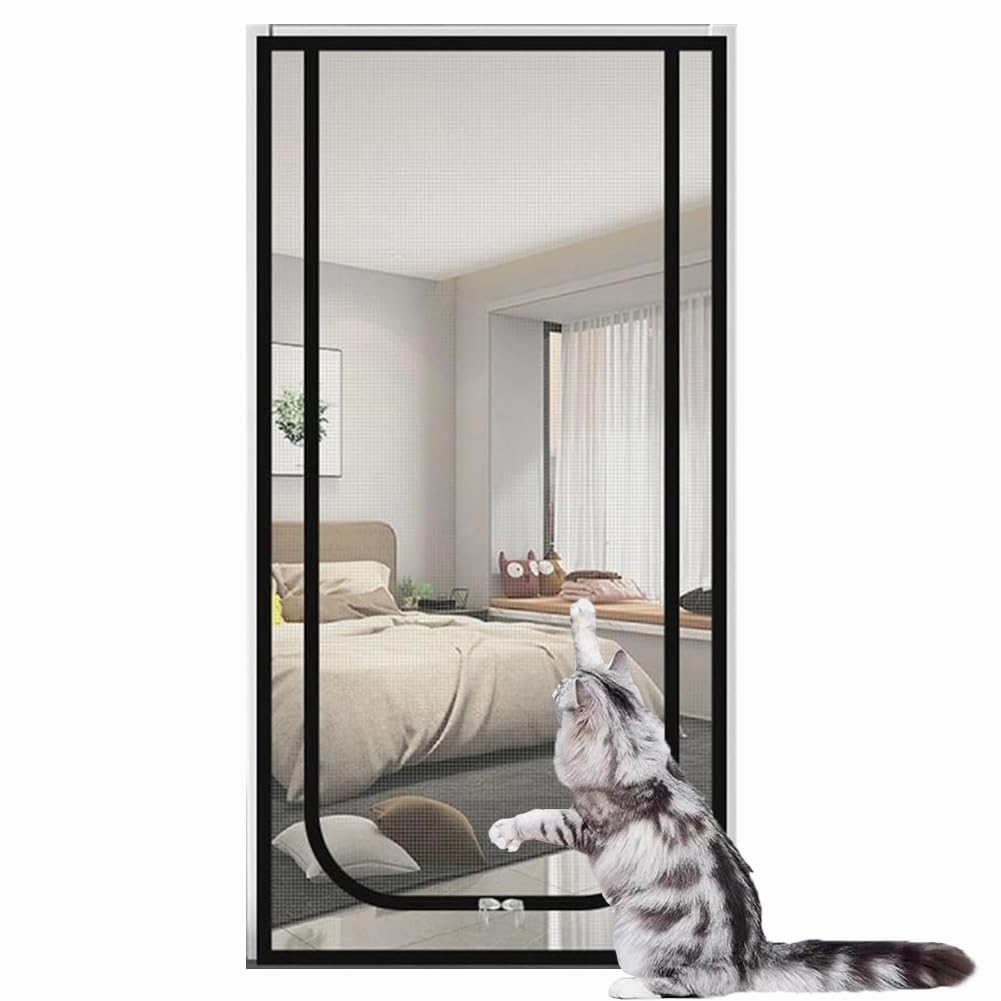 Yuly Custom Size Cat Screen Door Mesh,Cat Protection Door Net with Zipper,Self-Adhesive Anti-Mosquito Insect Netting,Prevent Cats Running Out From Home (Black-U)