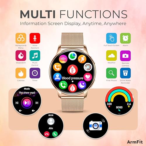 Image of ArmFit Queen Smart Watch With AMOLED Always On Display Smart Watch For Women, BT Calling Waterproof Fitness Watch With Heart Sleep Monitor For Android iOS, Gold