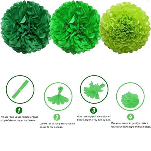 Image of We Moment Green Paper Pom Poms Decorations for Wedding Birthday Party Decoration Ceiling Wall Hanging Tissue Flowers - 12pcs,3 Colors (Dark Green, Light Green) of 12 Inch, 10 Inch