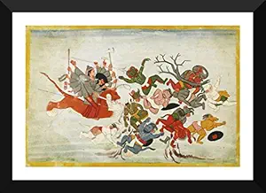 Tallenge -Indian Art Painting Collection - Durga Poster Collection - Durga astride her tiger attacking the Asuras - Medium Canvas - Framed (18 x 24 inches)