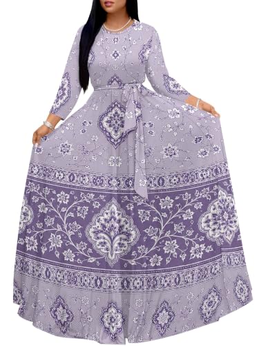 Image of Women Plus Size Long Sleeve V Neck Maxi Dress with Belt | Soft fabric relaxed fit three quarter sleeve v neck with pockets for party and daily wear
