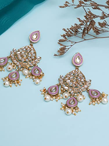 Image of Karatcart Gold Plated Pink Meena Lotus Design Kundan Dangler Earrings for Women (color may slightly vary due to photographic effect)