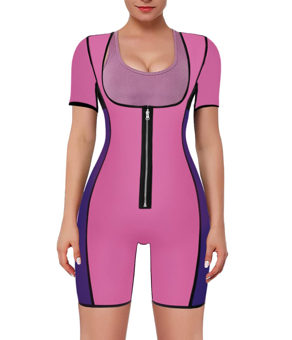 LaLaAreal Damen Neopren-Fitnessanzug / Sauna-Ganzkörperanzug, körperformender Anzug mit Reißverschluss und ärmeln