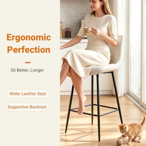 Image of Counter Height Bar Stools Set of 2, FSC Certified Upholstered Faux Leather Barstools with Back, Metal Base, 27 inch Seat Height, Modern Upholstered Counter Stools for Kitchen Island,(Beige