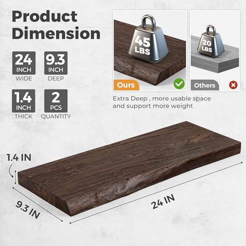 Image of RICHFOCUS Live Edge Elm Floating Shelves - 24 inch W x 9.3 inch D Rustic Solid Wood Wall Shelves with Invisible Bracket, Wall-Mounted for Living Room, Bedroom, Kitchen Storage & Display, Set of 2, Walnut