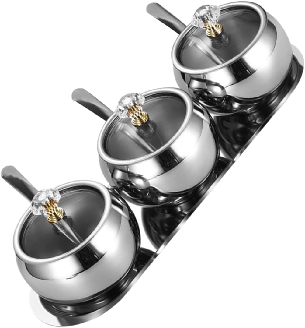 VICASKY Stainless Steel Condiment Jar Set with Lid, Spoon, and Tray – Sugar Bowl Seasoning Pot for Salt, Coffee, and Spice Kitchen Storage Organizer