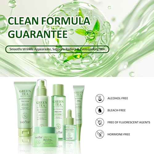 For Sadoer Green Tea Salicylic Acid Skin Care Set 6Pcs, Oil Control Acne Removal Facial Kit for Acne Prone Skin, Self Care Gifts for Women Teens