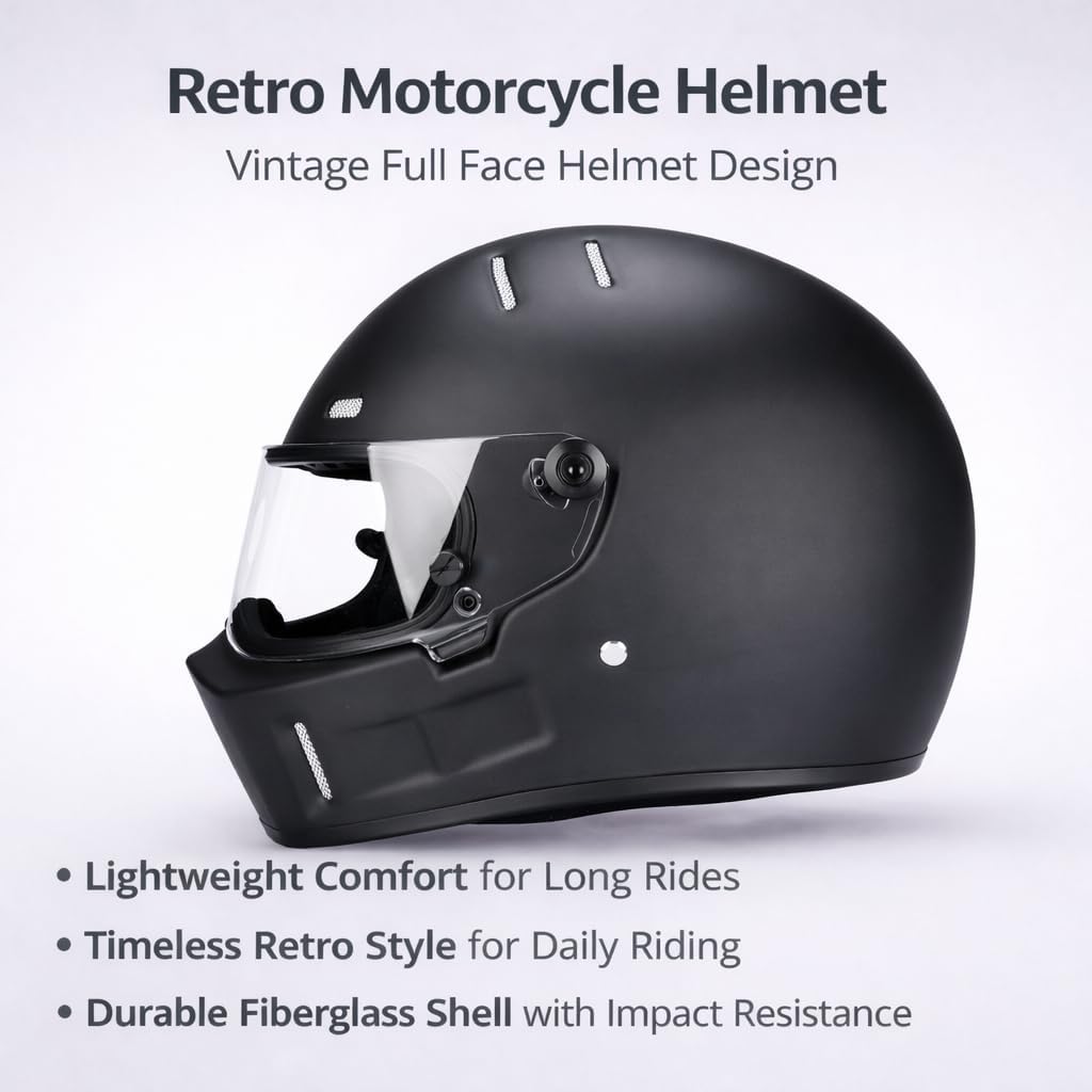 CRG Sports Retro Full Face Motorcycle Helmet, DOT Approved Fiberglass Street Bike Helmet with Clear Visor, Lightweight Cafe Racer Cruiser Motorcycle Helmet