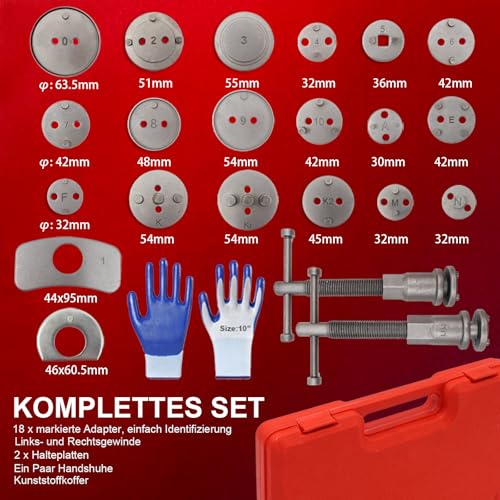 DASBSTE 23-TLG. Universal Bremskolbenrücksteller Satz - Profi Bremskolben Rückstellwerkzeug für Bremssattel & Bremszylinder – KFZ Bremskolben Werkzeug mit Links- & Rechtsgewinde (Rot)