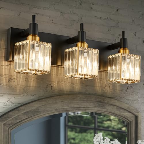 Modern Crystal Bathroom Vanity Light 3 Light Brass Wall Light Fixtures Over Mirror Black and Gold Vanity Lighting for Bathroom Square Shade Brass Wall Sconce