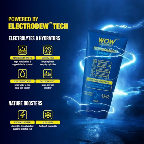 Image of WOW Skin Science Hydrocharge Electrolyte Face Wash 150 ML for Men & Women | Facewash with ElectroDew Tech, Sodium, Magnesium, Hyaluronic Acid & Coconut Water | India's 1st Electrolyte Cleanser | pH 5-6 | All Skin Types