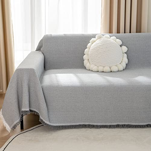 LHGOGO Waffel Sofa Überwurfdecke 180x300cm Große 3 Sitzer Sofaüberwurf Vielseitige Wohndecke als Sofadecke, Couch Überwürf, Sofa Überzug und Tagesdecke mit Deko Quasten - Hellgrau