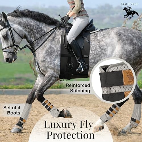 Image of Premium Horse Fly Boots for Horses Set of 4 Protective and Comfortable Fly Boots for Large Breeds Soft Polyester Bamboo Lining Adjustable Horse Leg Wraps (4 Pack)