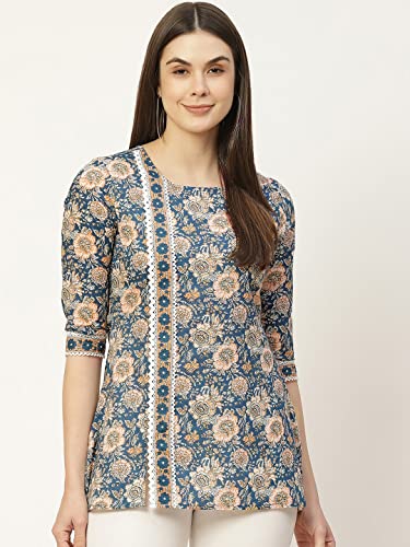 Image of FABRIC FITOOR Womens Floral Print Cotton A-Line Top (Blue)